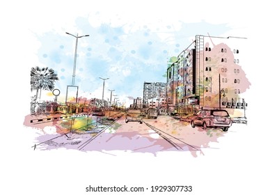 Building view with landmark of Dammam is the
city in Saudi Arabia. Watercolour splash with hand drawn sketch illustration in vector.