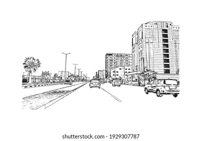 Building view with landmark of Dammam is the
city in Saudi Arabia. Hand drawn sketch illustration in vector.