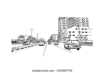 Building view with landmark of Dammam is the
city in Saudi Arabia. Hand drawn sketch illustration in vector.