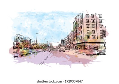 Building view with landmark of Dammam is the
city in Saudi Arabia. Watercolour splash with hand drawn sketch illustration in vector.