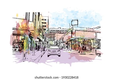 Building view with landmark of Dammam is the
city in Saudi Arabia. Watercolour splash with hand drawn sketch illustration in vector.