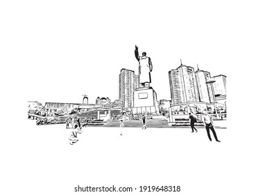 Building view with landmark of Dandong is the
city in China. Hand drawn sketch illustration in vector.