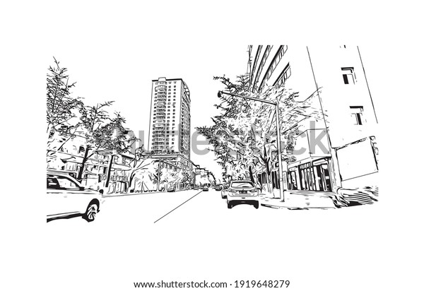 Building view with\
landmark of Dandong is the\
city in China. Hand drawn sketch\
illustration in\
vector.