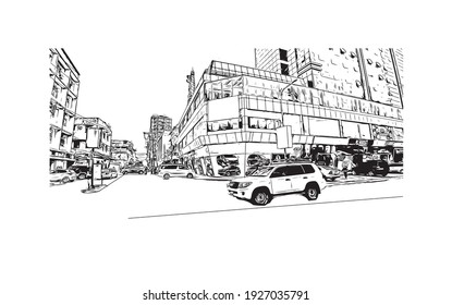 Building view with landmark of Dar es Salaam is the
city in Tanzania. Hand drawn sketch illustration in vector.