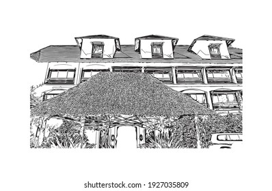 Building view with landmark of Dar es Salaam is the
city in Tanzania. Hand drawn sketch illustration in vector.