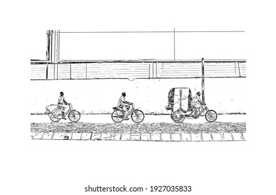 Building view with landmark of Dar es Salaam is the
city in Tanzania. Hand drawn sketch illustration in vector.