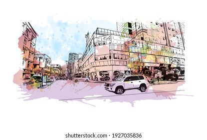 Building view with landmark of Dar es Salaam is the
city in Tanzania. Watercolour splash with hand drawn sketch illustration in vector.