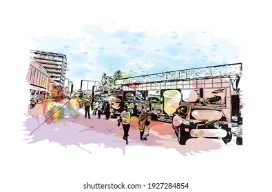 Building view with landmark of Dar es Salaam is the
city in Tanzania. Watercolour splash with hand drawn sketch illustration in vector.