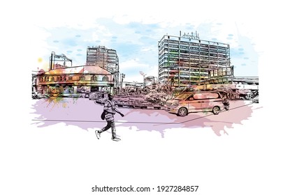 Building view with landmark of Dar es Salaam is the
city in Tanzania. Watercolour splash with hand drawn sketch illustration in vector.