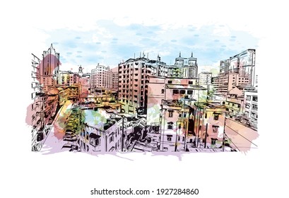 Building view with landmark of Dar es Salaam is the
city in Tanzania. Watercolour splash with hand drawn sketch illustration in vector.