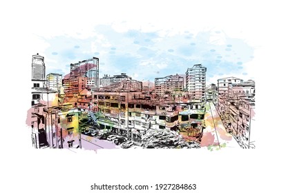 Der Ausblick auf das Gebäude mit Wahrzeichen von Dar es Salaam ist der
Stadt in Tansania. Aquarellspritzer mit handgezeichneter Skizzengrafik in Vektorgrafik.