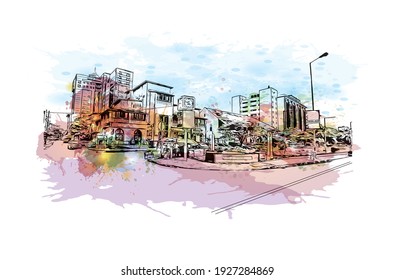 Building view with landmark of Dar es Salaam is the
city in Tanzania. Watercolour splash with hand drawn sketch illustration in vector.