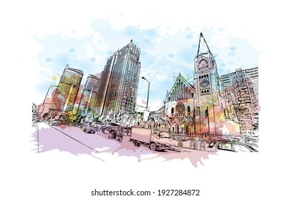 Building view with landmark of Dar es Salaam is the
city in Tanzania. Watercolour splash with hand drawn sketch illustration in vector.