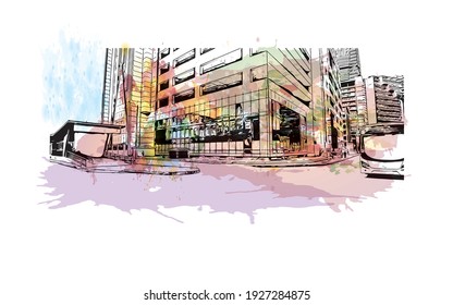 Building view with landmark of Dar es Salaam is the
city in Tanzania. Watercolour splash with hand drawn sketch illustration in vector.