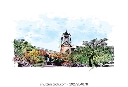 Der Ausblick auf das Gebäude mit Wahrzeichen von Dar es Salaam ist der
Stadt in Tansania. Aquarellspritzer mit handgezeichneter Skizzengrafik in Vektorgrafik.