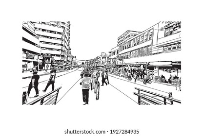 Building view with landmark of Dar es Salaam is the
city in Tanzania. Hand drawn sketch illustration in vector.