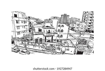 Building view with landmark of Dar es Salaam is the
city in Tanzania. Hand drawn sketch illustration in vector.