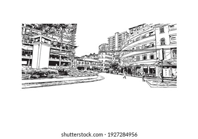 Building view with landmark of Dar es Salaam is the
city in Tanzania. Hand drawn sketch illustration in vector.