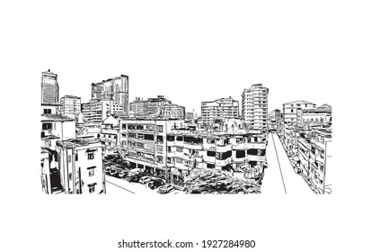 Building view with landmark of Dar es Salaam is the
city in Tanzania. Hand drawn sketch illustration in vector.