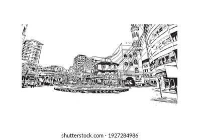 Building view with landmark of Dar es Salaam is the
city in Tanzania. Hand drawn sketch illustration in vector.