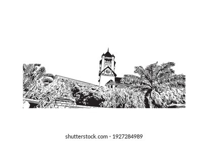 Building view with landmark of Dar es Salaam is the
city in Tanzania. Hand drawn sketch illustration in vector.