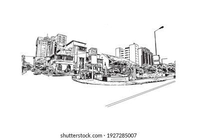 Building view with landmark of Dar es Salaam is the
city in Tanzania. Hand drawn sketch illustration in vector.