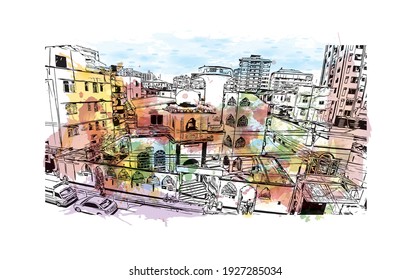 Building view with landmark of Dar es Salaam is the
city in Tanzania. Watercolour splash with hand drawn sketch illustration in vector.