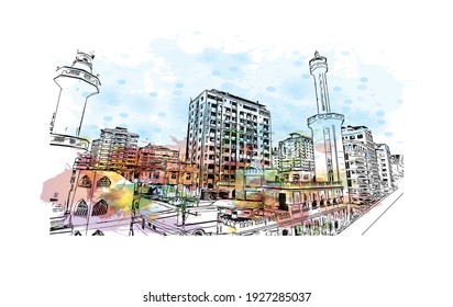 Der Ausblick auf das Gebäude mit Wahrzeichen von Dar es Salaam ist der
Stadt in Tansania. Aquarellspritzer mit handgezeichneter Skizzengrafik in Vektorgrafik.