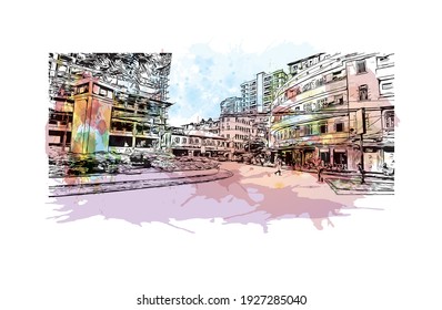 Building view with landmark of Dar es Salaam is the
city in Tanzania. Watercolour splash with hand drawn sketch illustration in vector.