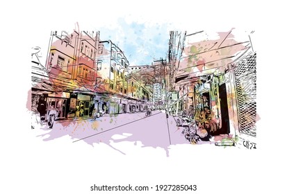 Building view with landmark of Dar es Salaam is the
city in Tanzania. Watercolour splash with hand drawn sketch illustration in vector.