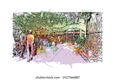 Building view with landmark of Darjeeling is a town in India. Watercolour splash with hand drawn sketch illustration in vector.