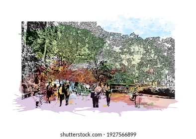 Building view with landmark of Darjeeling is a town in India. Watercolour splash with hand drawn sketch illustration in vector.