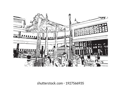 Building view with landmark of Darjeeling is a town in India. Hand drawn sketch illustration in vector.