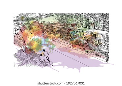 Building view with landmark of Darjeeling is a town in India. Watercolour splash with hand drawn sketch illustration in vector.