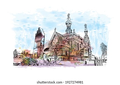 Building view with landmark of Darmstadt is the
city in Germany. Watercolour splash with hand drawn sketch illustration in vector.