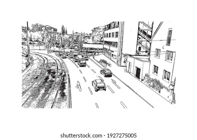 Building view with landmark of Darmstadt is the
city in Germany. Hand drawn sketch illustration in vector.