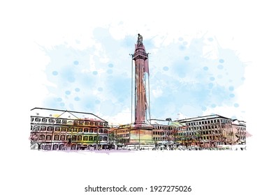 Building view with landmark of Darmstadt is the
city in Germany. Watercolour splash with hand drawn sketch illustration in vector.