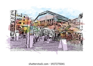 Building view with landmark of Darmstadt is the
city in Germany. Watercolour splash with hand drawn sketch illustration in vector.