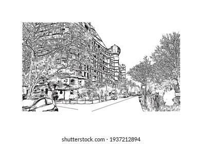 Building view with landmark of Darmstadt is the
city in Germany. Hand drawn sketch illustration in vector.