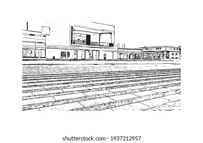 Building view with landmark of Darmstadt is the
city in Germany. Hand drawn sketch illustration in vector.