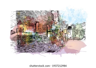 Building view with landmark of Darmstadt is the
city in Germany. Watercolour splash with hand drawn sketch illustration in vector.