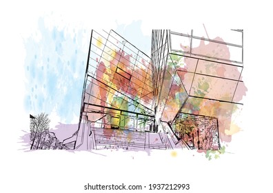 Building view with landmark of Darmstadt is the
city in Germany. Watercolour splash with hand drawn sketch illustration in vector.