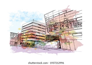 Building view with landmark of Darmstadt is the
city in Germany. Watercolour splash with hand drawn sketch illustration in vector.