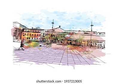 Building view with landmark of Darmstadt is the
city in Germany. Watercolour splash with hand drawn sketch illustration in vector.