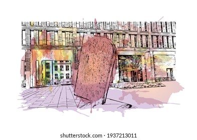 Building view with landmark of Darmstadt is the
city in Germany. Watercolour splash with hand drawn sketch illustration in vector.