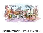 Building view with landmark of Darwin is the capital of Australia. Watercolour splash with hand drawn sketch illustration in vector.