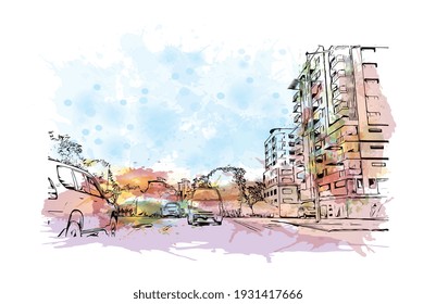 Building view with landmark of Darwin is the capital of Australia. Watercolour splash with hand drawn sketch illustration in vector.