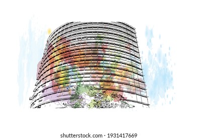 Building view with landmark of Darwin is the capital of Australia. Watercolour splash with hand drawn sketch illustration in vector.