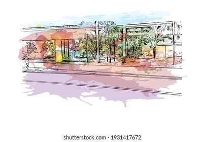 Building view with landmark of Darwin is the capital of Australia. Watercolour splash with hand drawn sketch illustration in vector.