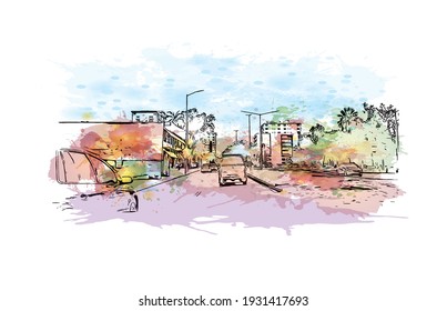 Building view with landmark of Darwin is the capital of Australia. Watercolour splash with hand drawn sketch illustration in vector.